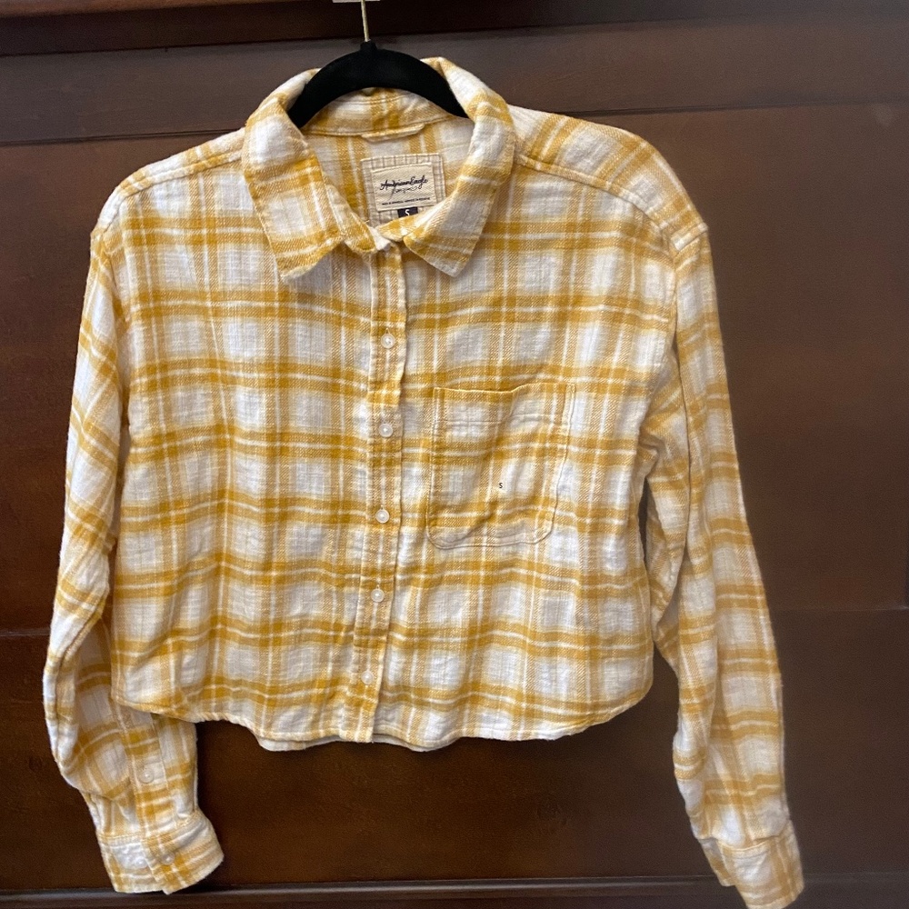 American Eagle Yellow Plaid Cotton Cropped Button Up Small NWOT